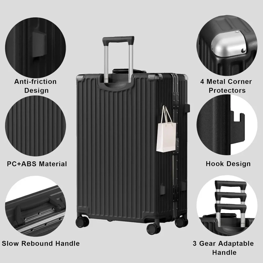 Aluminum Frame Carry-On & Checked Suitcase Set - PC ABS Hard Shell TSA Lock No Zipper, Black, 20/28 Inch Luggage