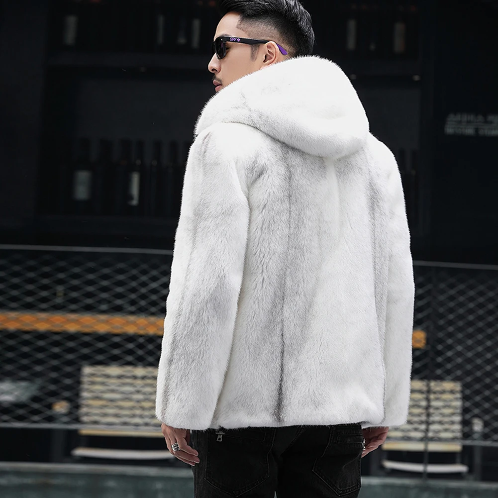 Denny&Dora Men's Mink Fur Jacket White Fur Jacket Hooded Fur Coat Short Mink Fur Coat For Men