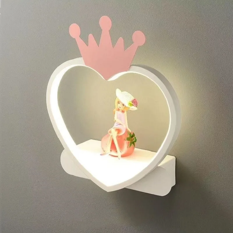 Nordic Love Heart Crown Wall Lamp for Princess Children\'s Room Aisle Bedroom Bedside Light Night Swan Strawberry Girl Ornament