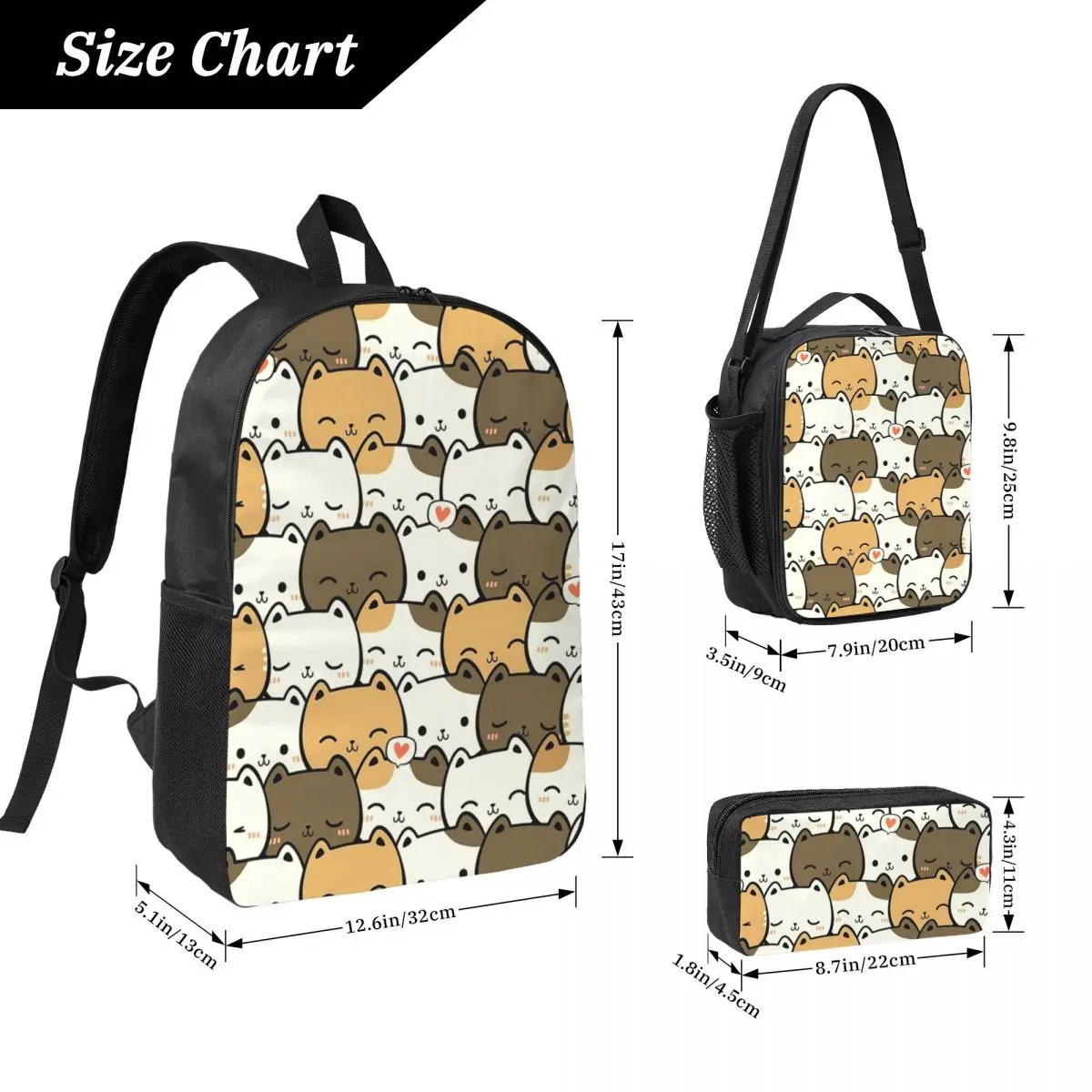 Adorable Colorful Kitten Cat Backpack Boys Girls BookBag School Bag Computer Shoulder Bags 3ps Insulated Lunch Bag Pencil Case
