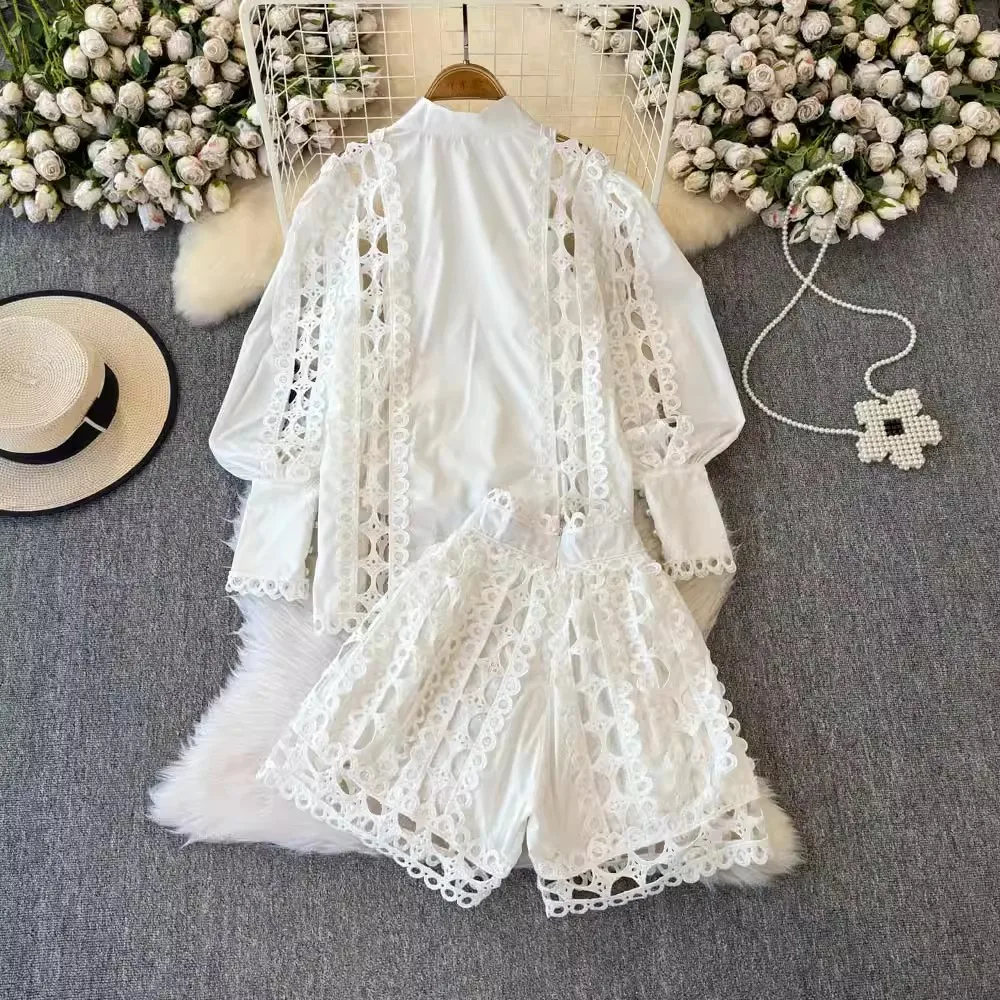 Summer Crochet Lace Embroidery Hollow Out 3 Pieces Sets Women Loose Shirt Top Lining and High Waist Zipper Wide Leg Shorts Suit