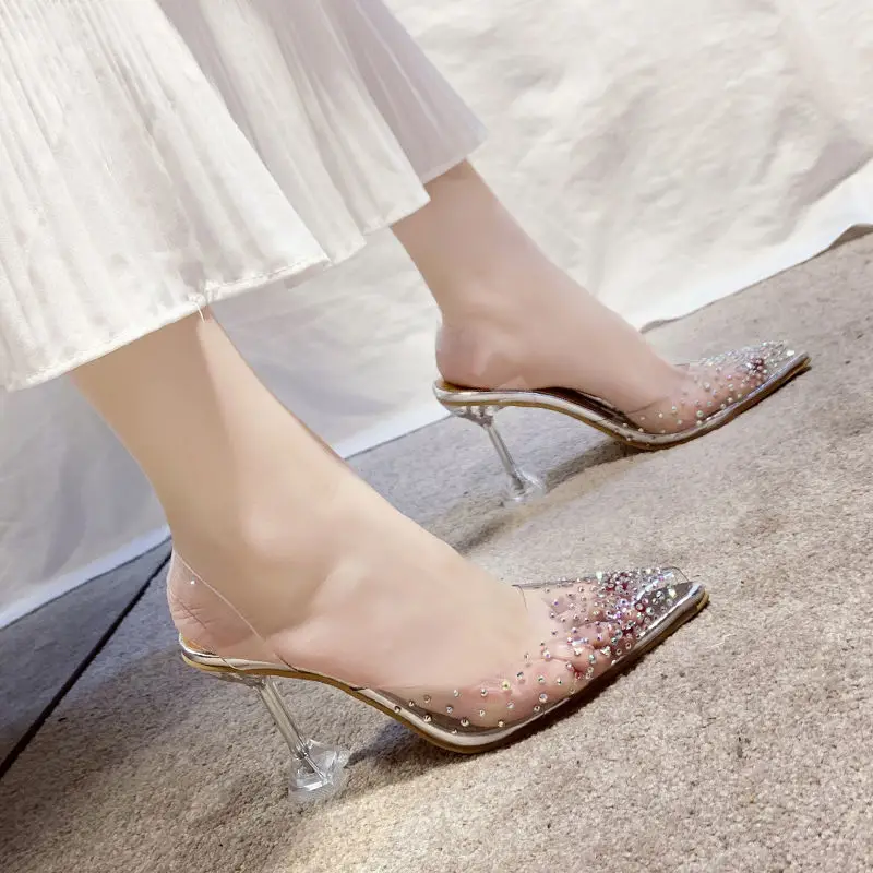 Elegant Clear High Heels Mules Shoes for Women Designer Heeled Slippers Luxury Transparent Sandals Rhinestone Slipper 2024 Woman