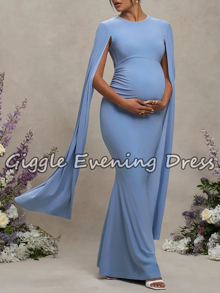 Giggle Elegante blaue Satin-Meerjungfrau-Abendkleider mit Flügelärmeln, einfaches Damen-Schwangerschaftskleid, Fotografie, Freizeitkleider, individuell gestaltet
