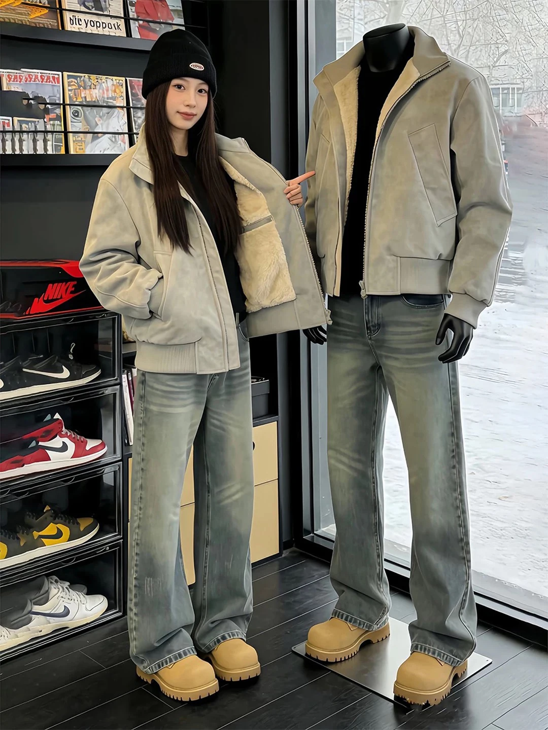 

Retro High Waist Fce Lined Men's Jeans Blue Beard Winter Straight Leg Knife Pants American Vibe Bell Bot