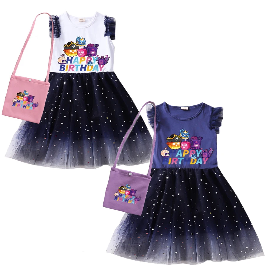 Kinderen Meisjes Cartoon Blox Fruit Jurk Zomer Kleding Mouwloze Mesh Prinsessenjurken Baby Flower Cartoon Verjaardagsfeest Vestidos