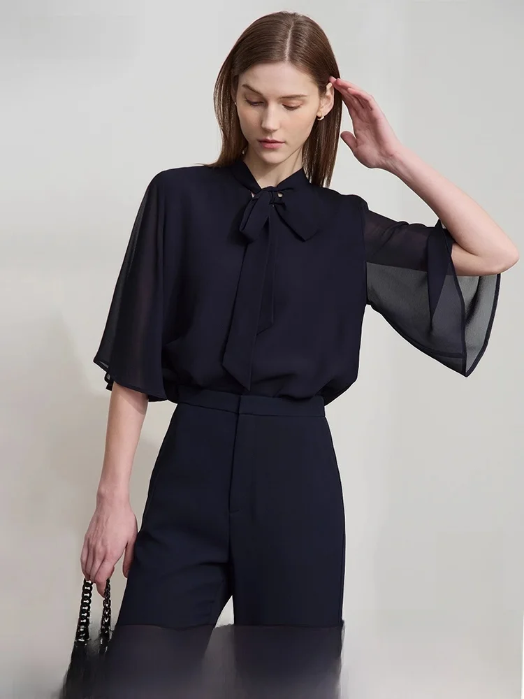 

Ele Double Layered Pleated Sve Chiffon Top Women Loose Fit Commute Sle Summer New Arrival Simple Polyester Fiber