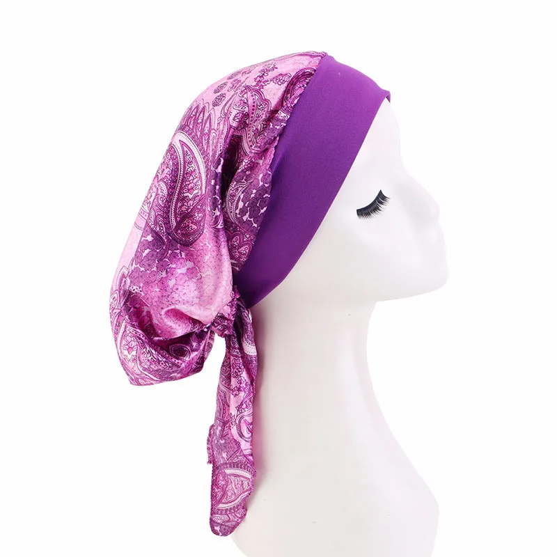 

Women Printed Pre-Tied Satin Headscarf Elastic Muslim Turban Cancer Chemo Sleep Night Hat Hair Care Cover Headwrap Bandana Mujer