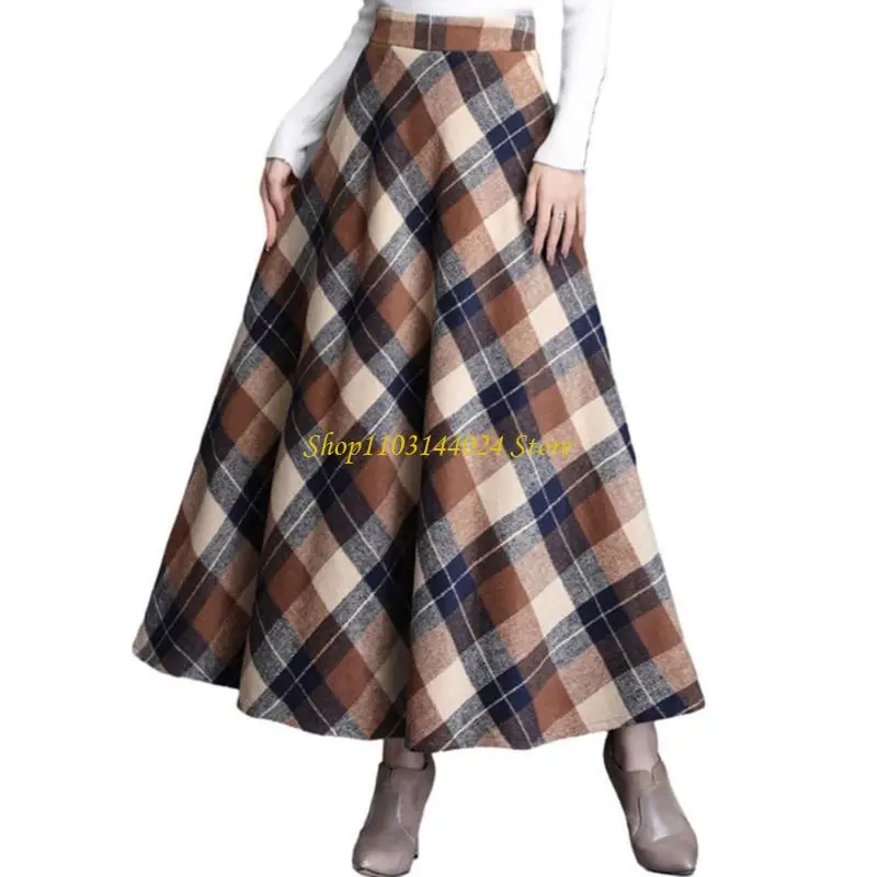 

N5KE женская решетчатая юбка, теплая эластичная талия, шерстяные плиссированные зимние длинные юбки в клетку тартан