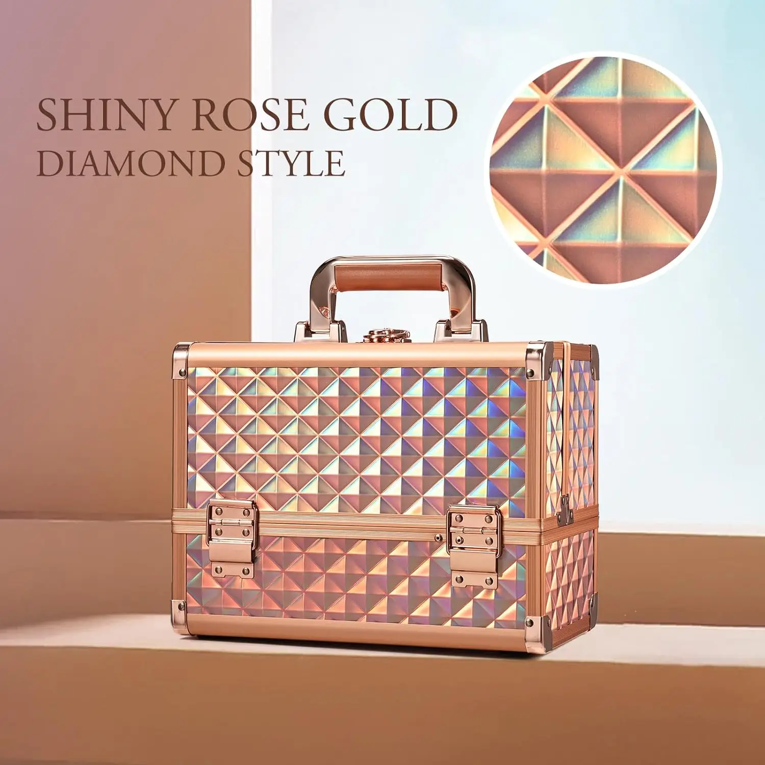 กระเป๋าเครื่องสำอางสีโรสโกลด์ขนาด 11.6 นิ้ว พร้อมกระจก ที่ใส่แปรง และกุญแจล็อคสำหรับการเดินทาง