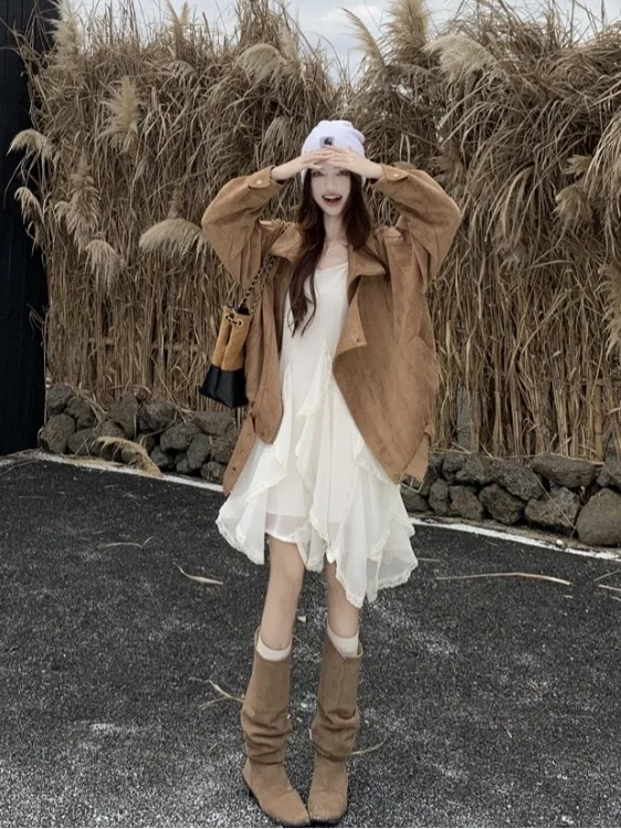 

plus Size Lazy Style Set Autumn Winter Design Deer Skin Velvet Jacket Irregular Strap Dress High Waist Korean Loose Fit Fashi...