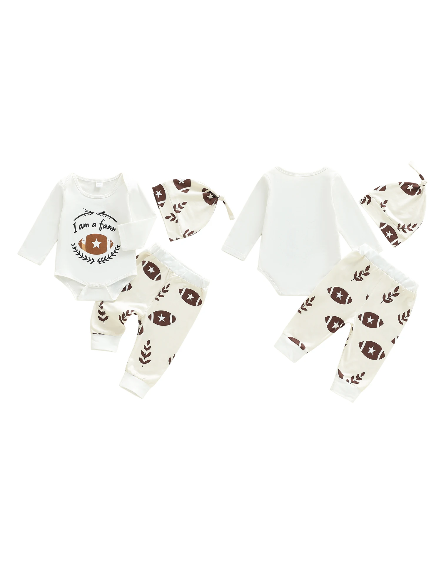 

Милый комплект зимней одежды для малышей с комбинезоном с буквенным принтом, штанами с футбольным рисунком листьев и подходящей шапкой — комплект из трех предметов