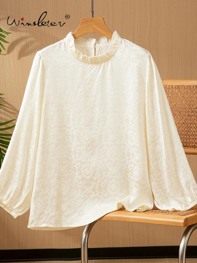 

Winsleter-100%Real Silk Elegant Shirt, Long Sleeve Jacquard Ruffles, Women Chic Age Reduction Loose Blouse, 2025 Winter T5D202CC