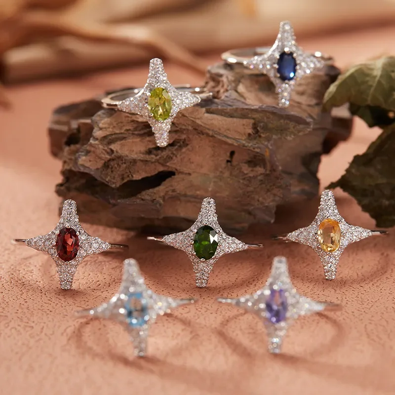 S925 Sterling Silver Natural Tanzanite Garnet Peridot Topaz Sapphire Ring Four Corner Star Index Finger Ring Wholesale