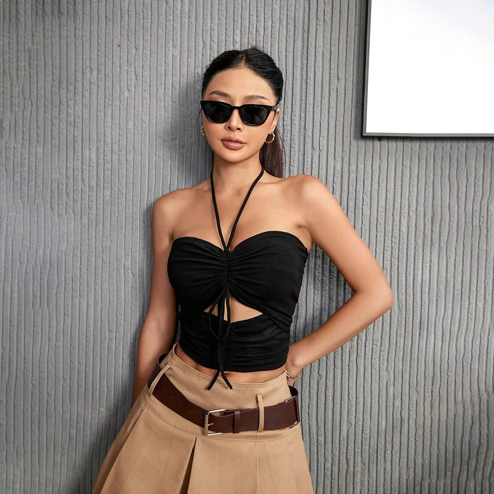 Summer New Sle Women's Pure Color Belted Crop Top Bal Slim Fit Strap Vest Tops Faionable Knot Design ort Length