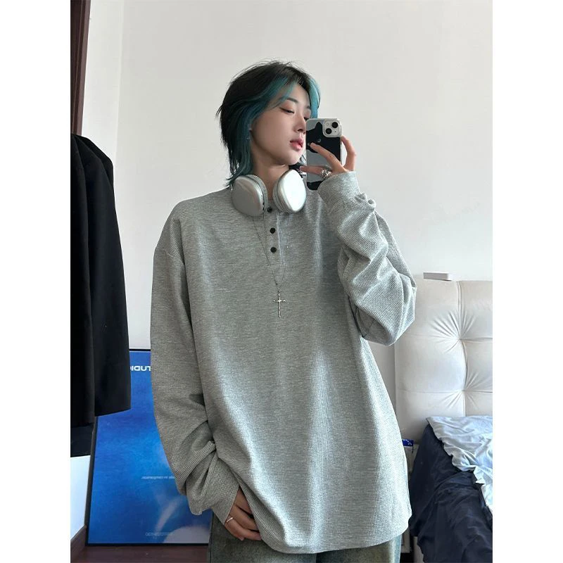 

Fall Women Henley Collar Long Sleeve T Shirt Waffle Plaid Korean Fashion Casual All-match 2xl Oversized Clothes Black White Grey