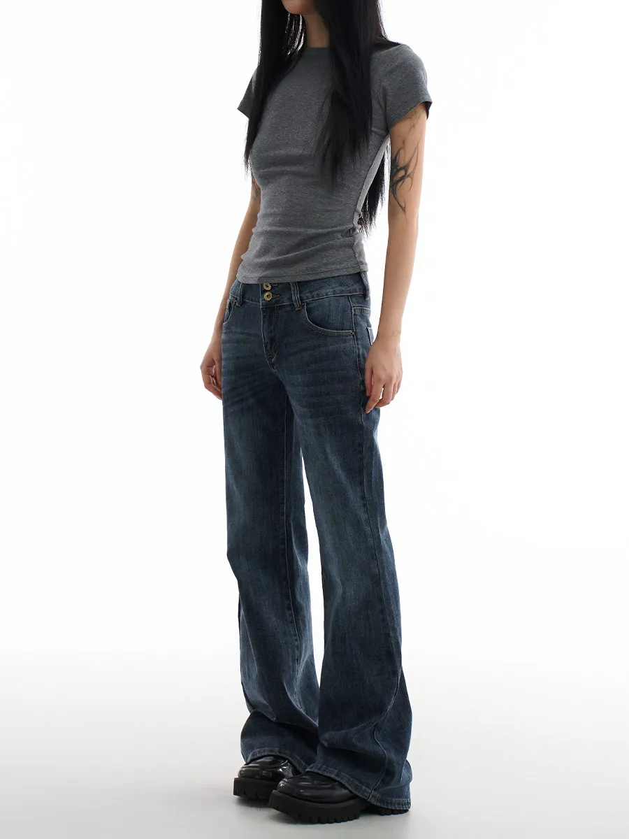 Y2k Vintage Women Jeans Low Waist Zipper Button Solid Trousers with Pockets Aesthetic Streetwear Washed Jeans Flared Jeans