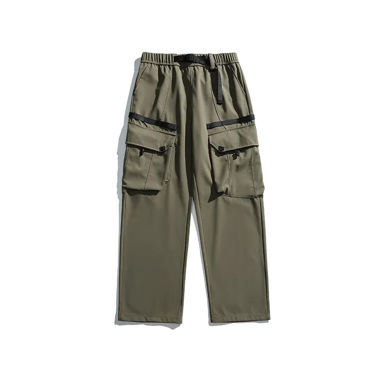 Inverno 2025 Pantaloni cargo maschili Pantaloni dritti alla caviglia Pantaloni impiombati solidi Tasche larghe Pantaloni a vita alta Leggero patchwork elasticizzato