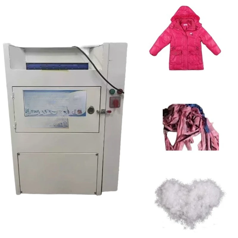 

Small feather sorter for recycling down jacket textiles from old jackets with core motor components