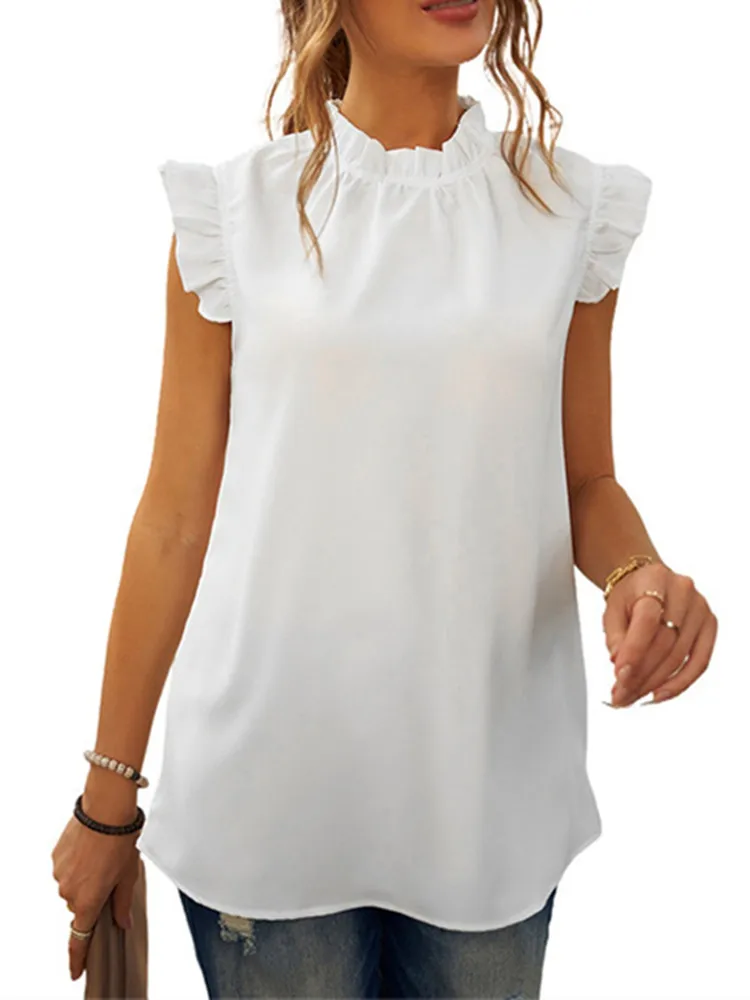 Hete Nieuwe Mode Damesshirts Lente Zomer Elegante Mouwloze Effen Casual Streetwear Blosue Tops