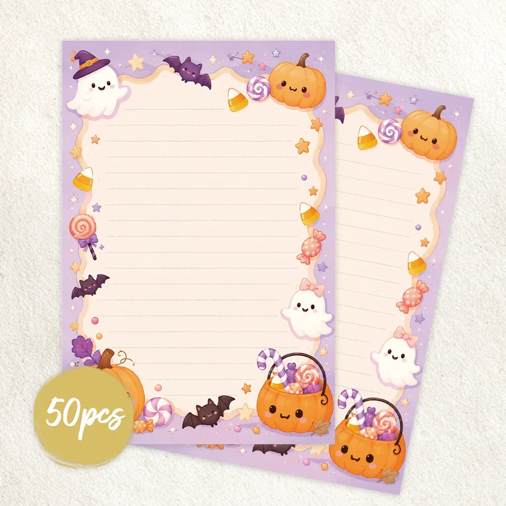 50 Sheets,   Cute Ghost Pumpkin Candy themed Writing Paper, Lined, Gluefree, Perfect for Notebooks, Memos, and Stickers