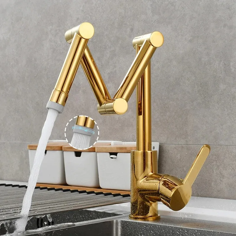 【2026】Brushed Gold Kitchen Sink Faucets Hot &Cold Soild Brass Folded Mixer Tap Single Handle Deck 360 Degrees Rotating Black/Chr view 4