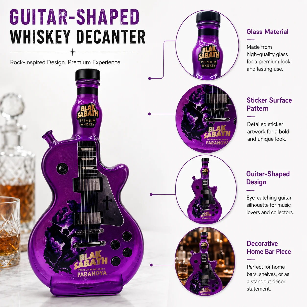 Black Sabbath Guitar Shaped Glass Whiskey Decanter Purple Liquor Bottle Rock Music Bar Decor Collector Gift