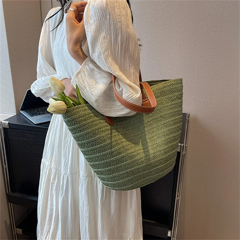 Summer Rattn Weave Bag With Inner Bag For Women Beach Vacation Weaving Straw Bag Large Capacity Travel Handle Bucket Totes