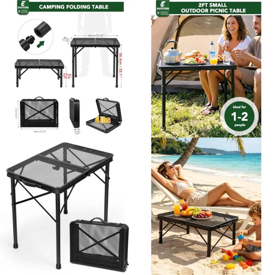

2Feet Small Folding Table with Carry Handle, Camping Table Adjustable Height 10.622 in, Metal Mesh, Portable Compact for Outdoo