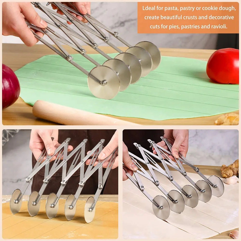 5-Wheel Pastry Cutter Pizza Cutter Multi Wheel Dough Cutters Expandable Pizza Slicer Baking Cutter Roller Pastry Knife