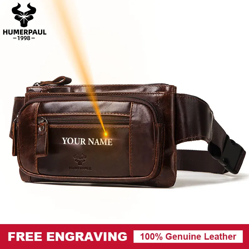 HUMERPAUL Men\'s Genuine Leather Waist Packs Business Travel Chest Bag Male Waist Belt Phone Pocket Small Bum Bags Free Engraving