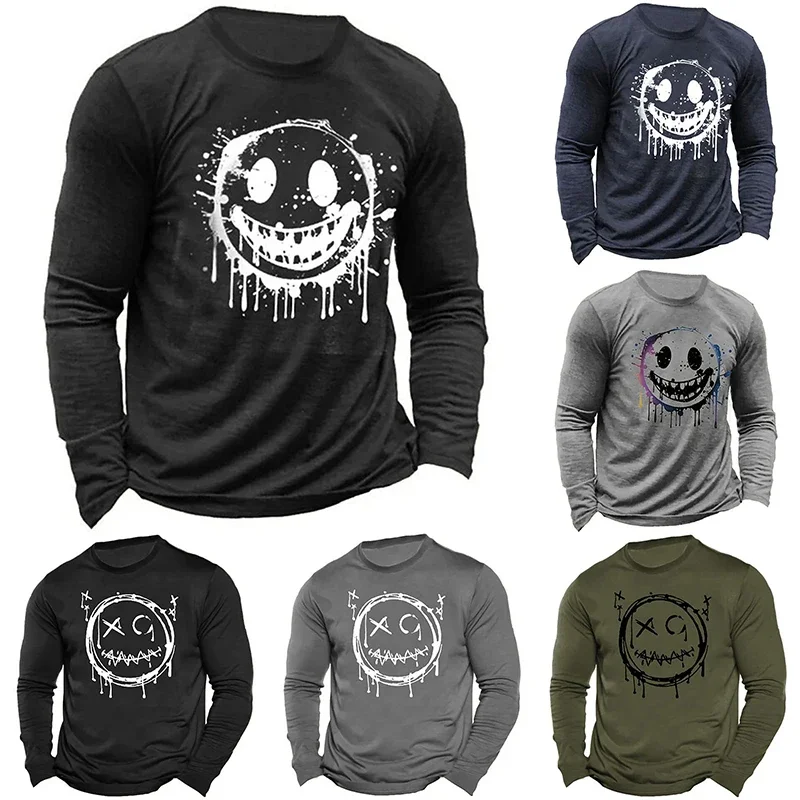 

New Spring and Autumn Y2K Men's Evil Smiley Face Pattern Printed Breathable Long Sleeve Round Neck Casual Long Sleeve Tops Men