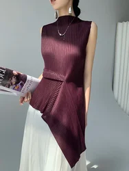 Miyake Pleated Women's Vest 2025 Summer New Solid Color Asymmetric Design Sleeveless Round Neck Slim Stretchy Solid Color Top