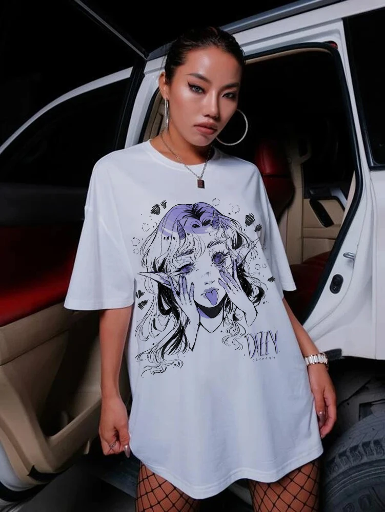 تي شيرت نسائي كاجوال من القطن باللون الأبيض مطبوع عليه رسوم كرتونية مضحكة ملابس خروج مريحة تسمح بمرور الهواء للسيدات عصرية عصرية