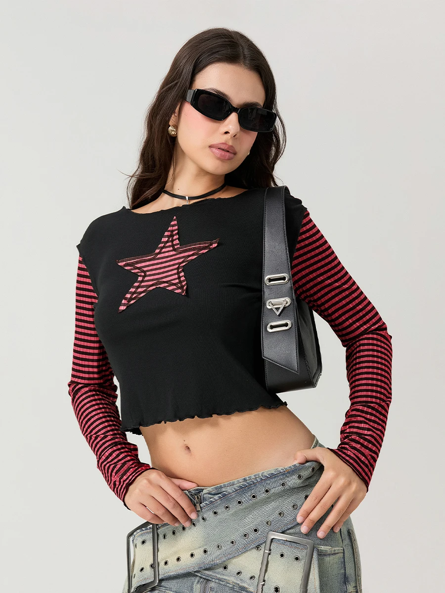 Women T-shirt Long Sleeve Crew Neck Star Stripe Star Graphic Slim