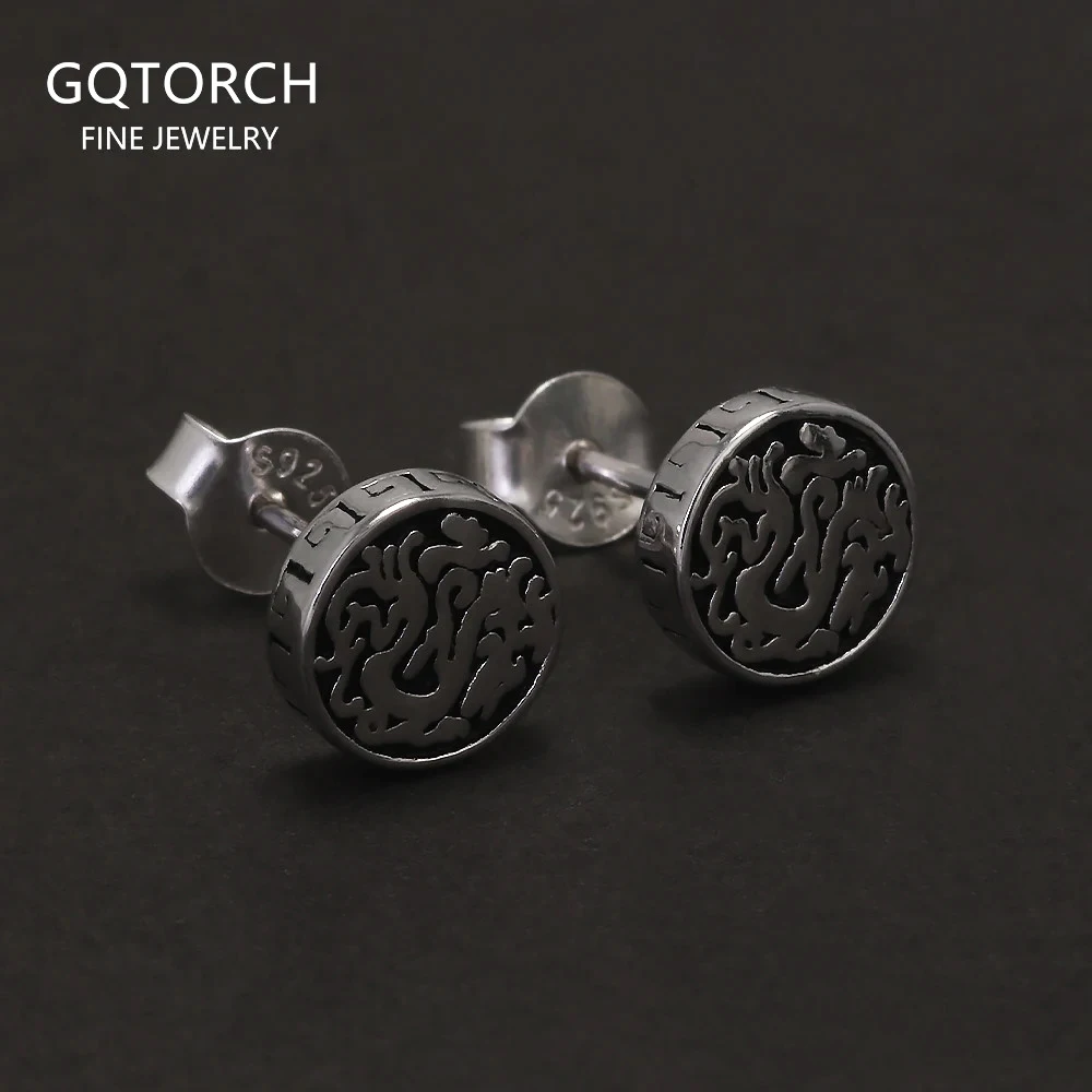 

7mm 925 Sterling Silver Retro Viking Dragon Stud Earrings Men Women Round Shaped Vintage Punk Biker Jewelry Gift Hypoallergenic