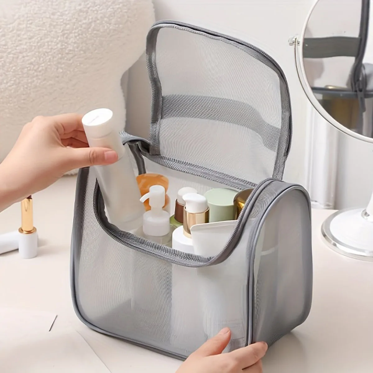 New multi-functional toiletries bag curved nylon mesh portable makeup bag women's large capacity cosmetics storage bag