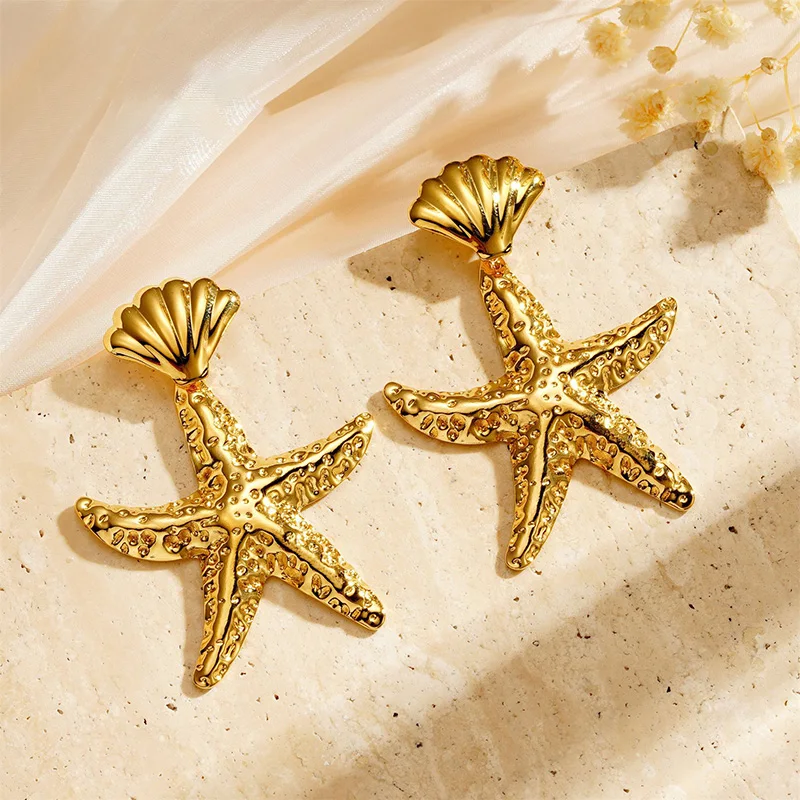 Kissmoon Stainless Steel Gold Color Irregular Hammer Marks Starfish Shell Earring for Women Brithday Jewelry Accessories Gift