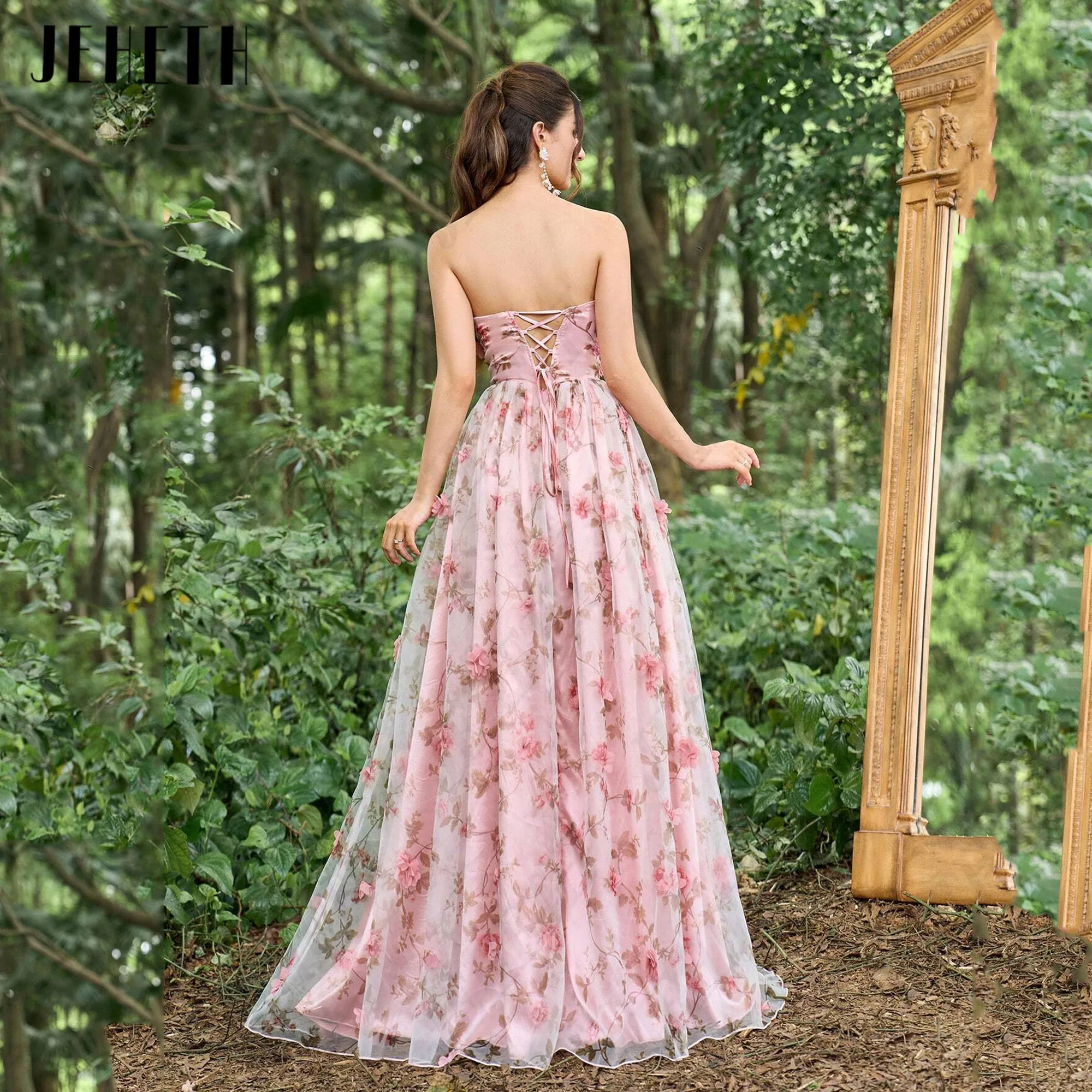 JEHETH Flowers Long Prom Party Dress Side Split Lace Evening Gowns Strapless Floral Print A-Line Floor Length vestidos de gala