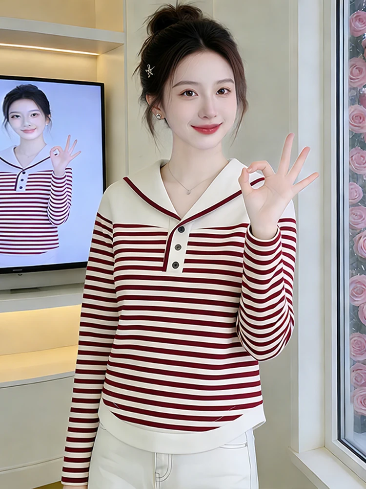 

Модная женская футболка с длинным рукавом и полосатым воротником-стойкой, весенняя новинка, универсальный топ в корейском стиле для повседневной носки, омолаживающий образ