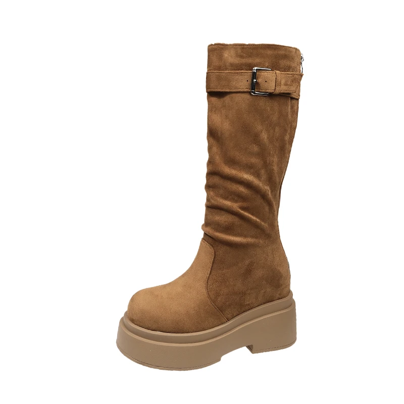 2026 New 10cm Autumn Winter Round Head Coarse Following Fashion Suede Knight Boots Motorcycle Boots Platform Slip on Women Shoes