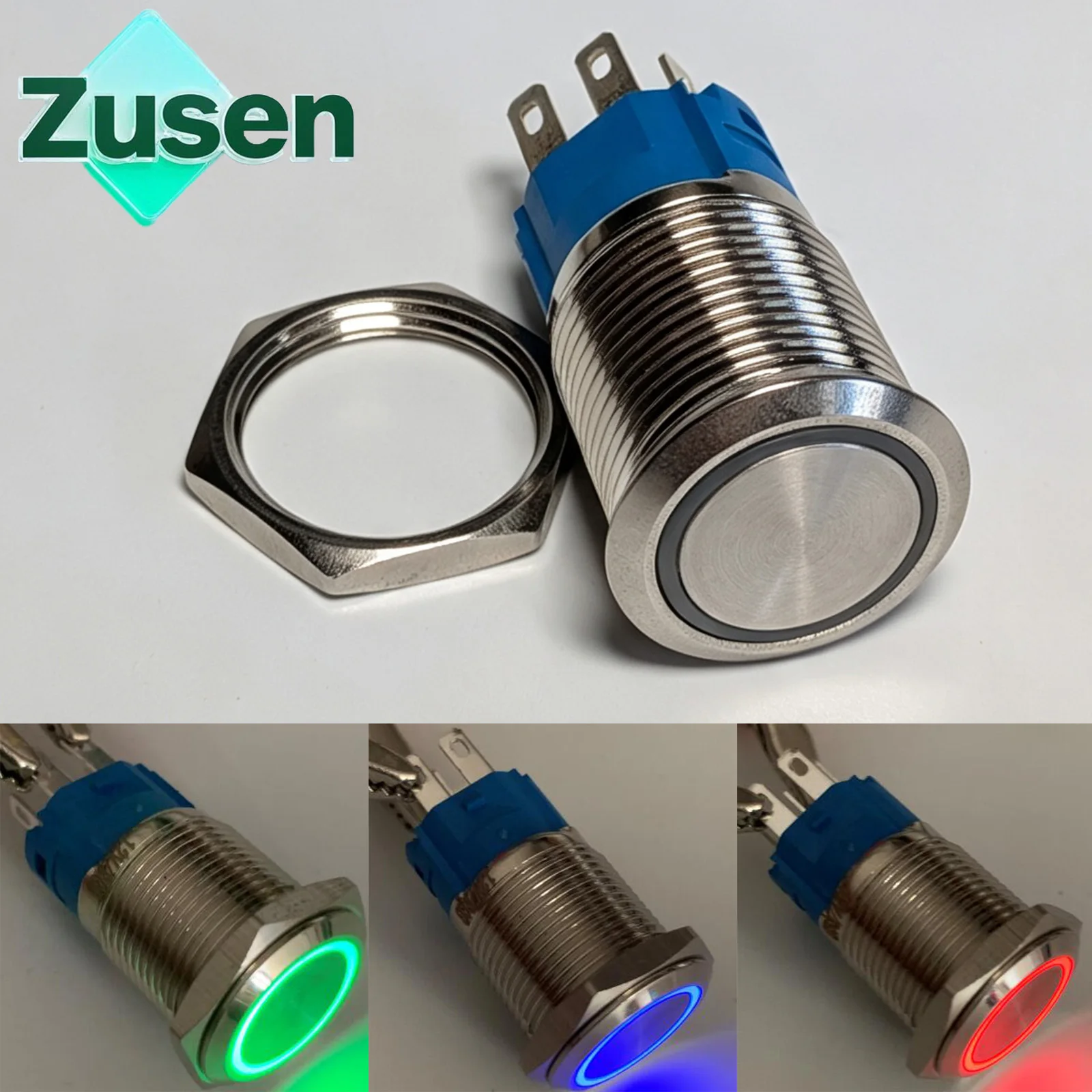 Zusen 16mm 1NO1NC Three-color Light RGB Ring Illuminated Latching Momentary Push Button Switch IP65 12V 24V 110V 220V