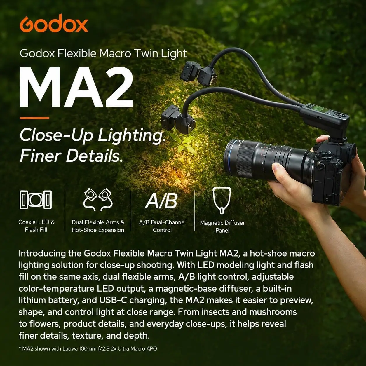 Godox MA2 Flexible Macro Twin Light 2800-6500K CRI 96 LED Modeling Speedlite Flash Light for Canon Sony Nikon Fuji Panasonic Lei