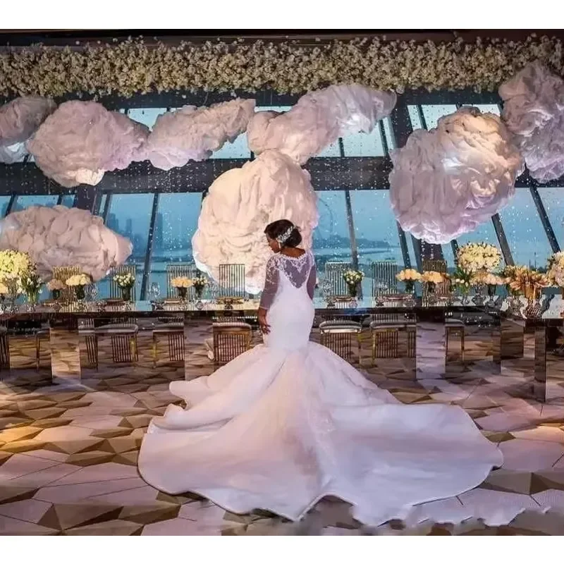 Vestidos de novia con cuello cuadrado africano personalizados, vestidos de novia de encaje de manga larga de sirena con cuentas de cristal ostentoso, Iglesia Real