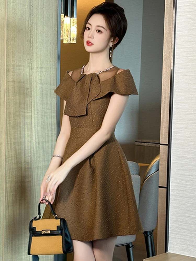 Elegant Pretty Party Dress Women's Cute kawaii Bow Sheer Mesh Splice Diamonds Pleated Ball Gown Female Night Out Vestidos Lady
