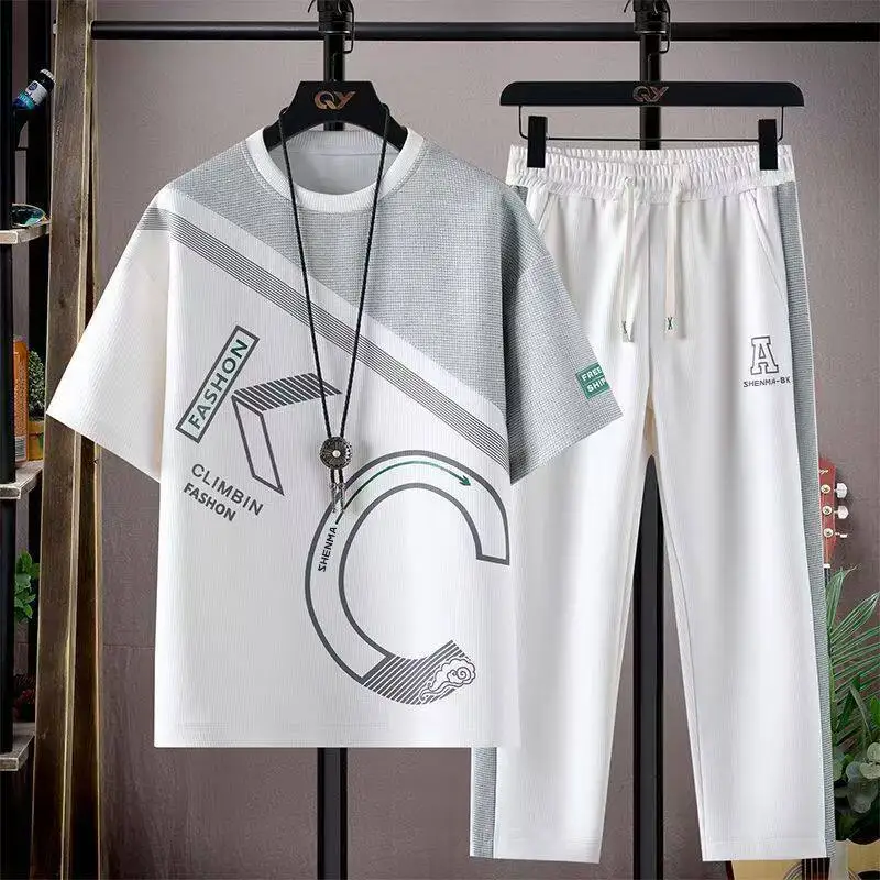 

Casual Sportswear Set for Men Summer Thin Short Sleeve Long Pants Trendy Two-Piece Suit Polyester Fiber T-Shirt Long Pants