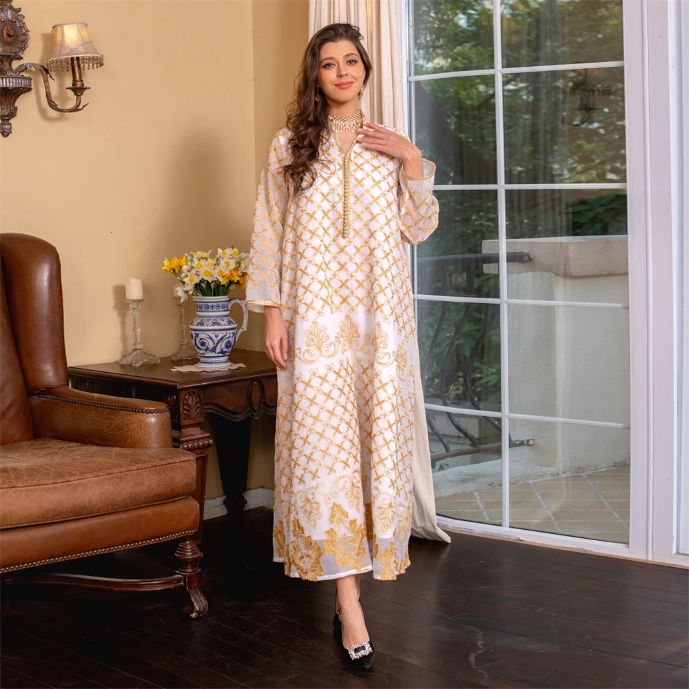 Robe longue musulmane du moyen-orient, Robe brodée, Style ethnique, Robe moulante à col rond