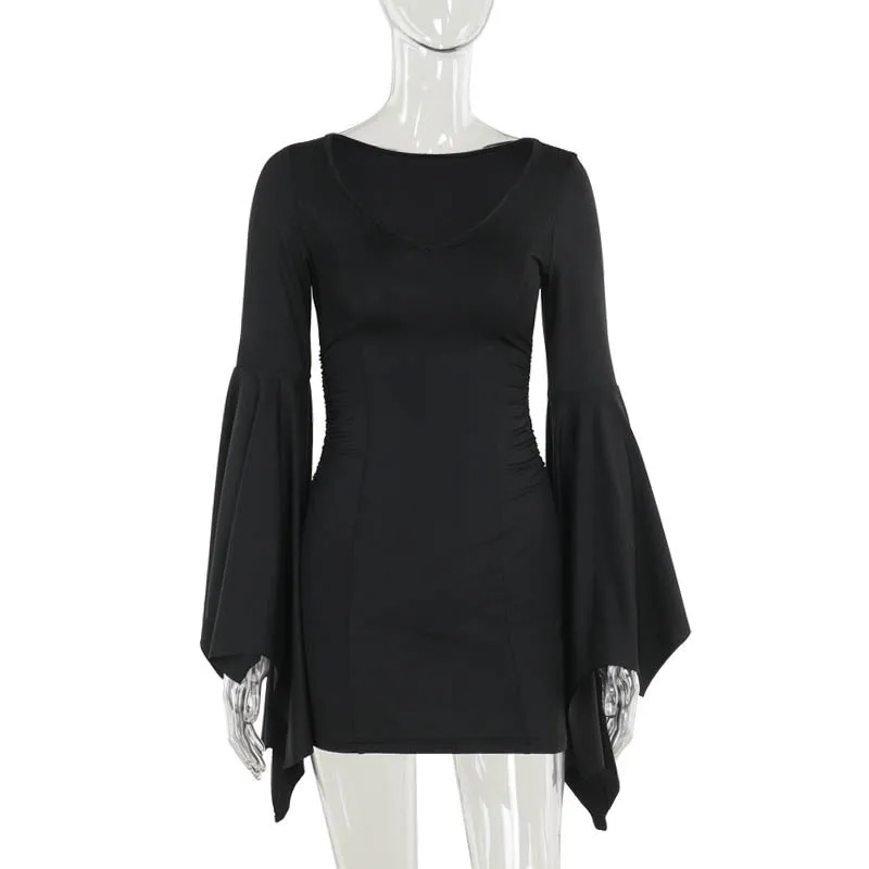 Cospaly Partywear 여성 패션 Batwing 슬리브 미니 드레스 우아한 슬림 플리츠 Bodycon 드레스 Mall Gothic Alt Teachwear