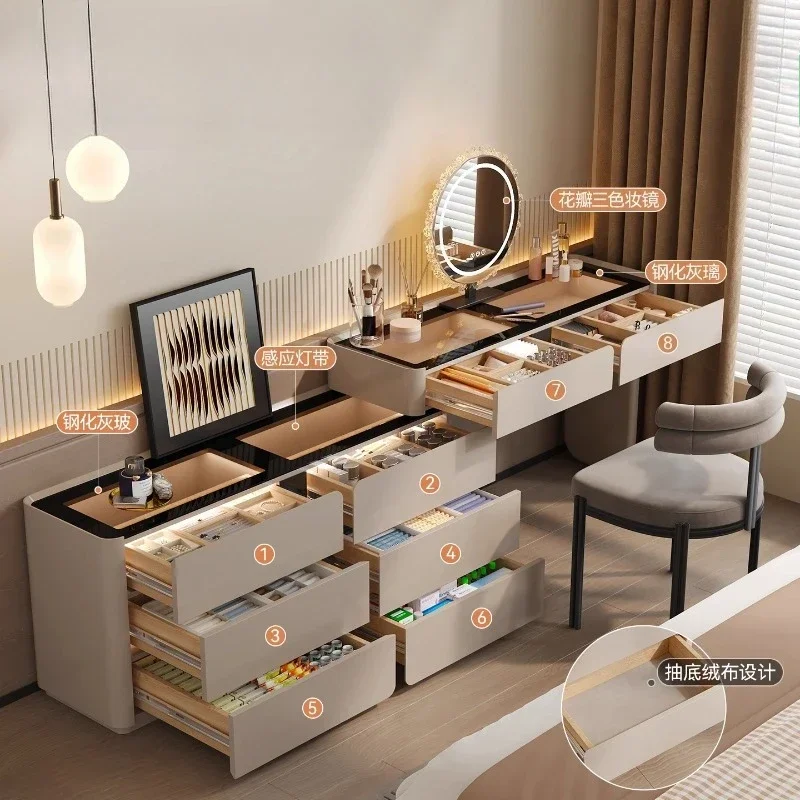 

Luxury Dressing Table Vanity Set Vanities Desk with LED Smart Mirror and 6 Drawers Table with Glass Countertop and Makeup Stool