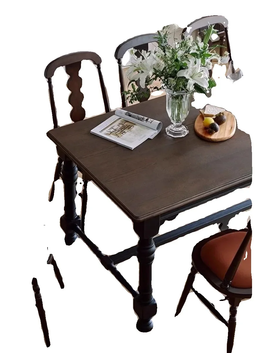 

French medieval solid wood dining table and chairs, combined small household retro dining table, simple rectangle