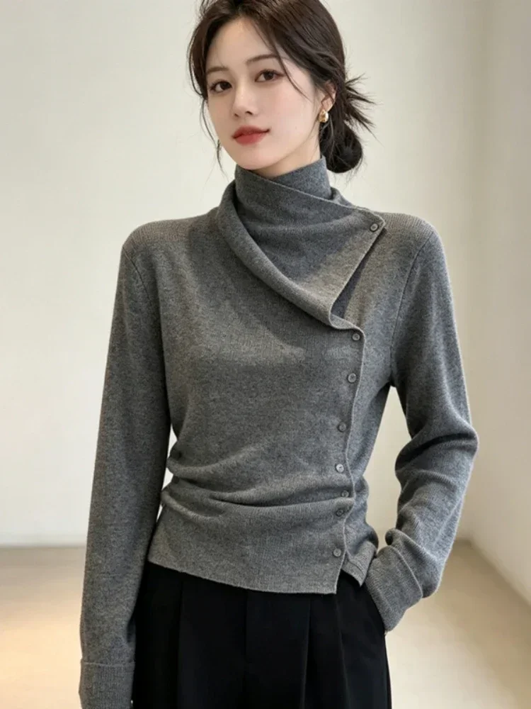 Korean Slim Asymmetrical Hem Slit Knitted Sweater Turtleneck Knit Top Autumn Winter Unique Design Long‑Sleeve Women Pullover